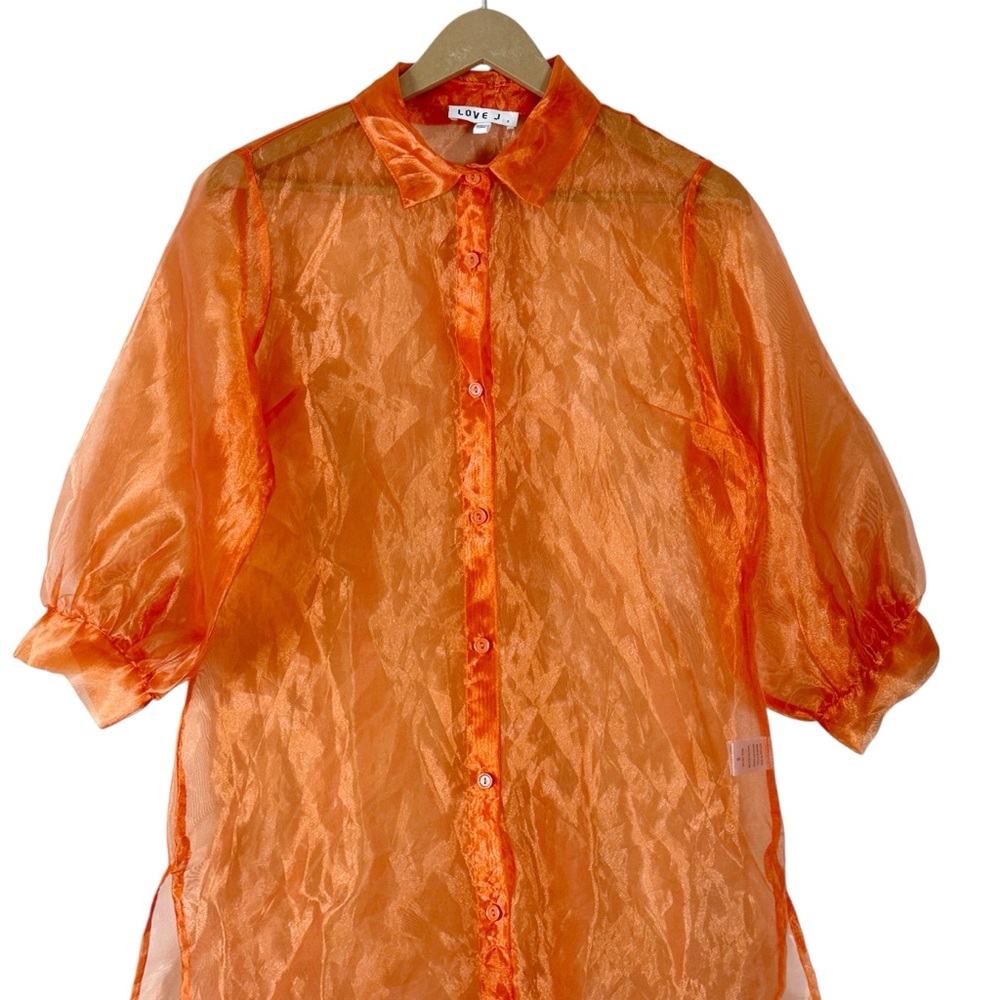 Love J Button Down Organza Top Womens S Orange Sheer Puff Sleeve Retro Festival - Picture 2 of 6